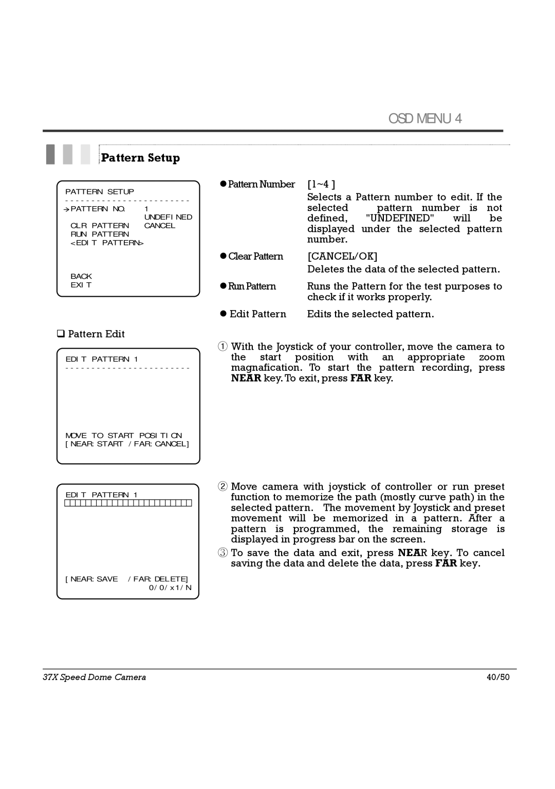 Speco Technologies SIPSD37X, HTSD37X specifications Pattern Setup, ‰ Pattern Edit 