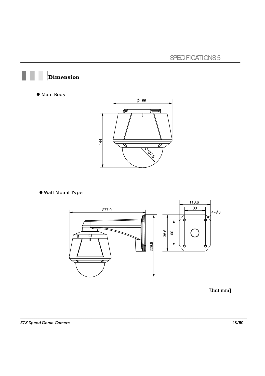 Speco Technologies SIPSD37X, HTSD37X specifications Dimension, Main Body, Wall Mount Type, Unit mm 