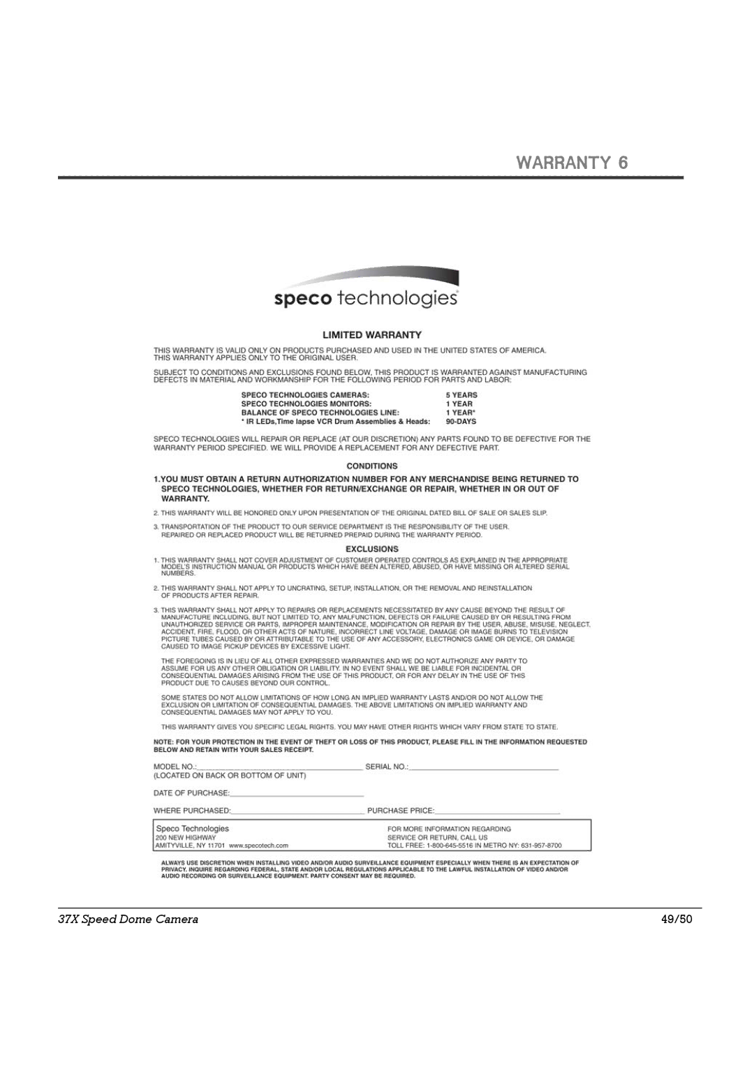 Speco Technologies HTSD37X, SIPSD37X specifications Warranty 