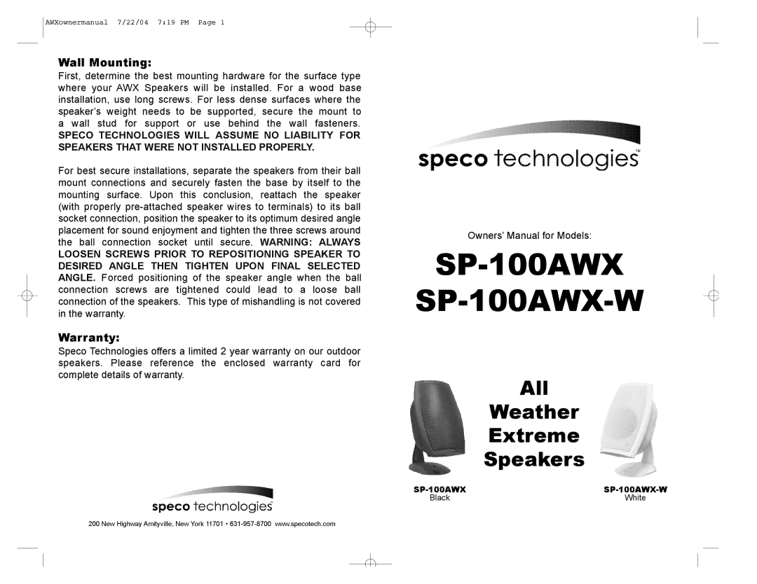 Speco Technologies warranty SP-100AWX SP-100AWX-W, All, Weather, Extreme, Speakers 