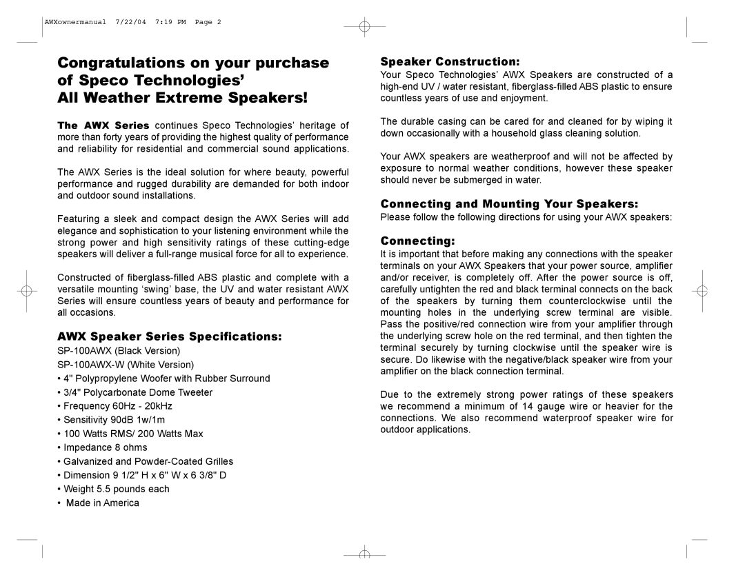 Speco Technologies SP-100AWX-W warranty AWX Speaker Series Specifications, Speaker Construction, Connecting 