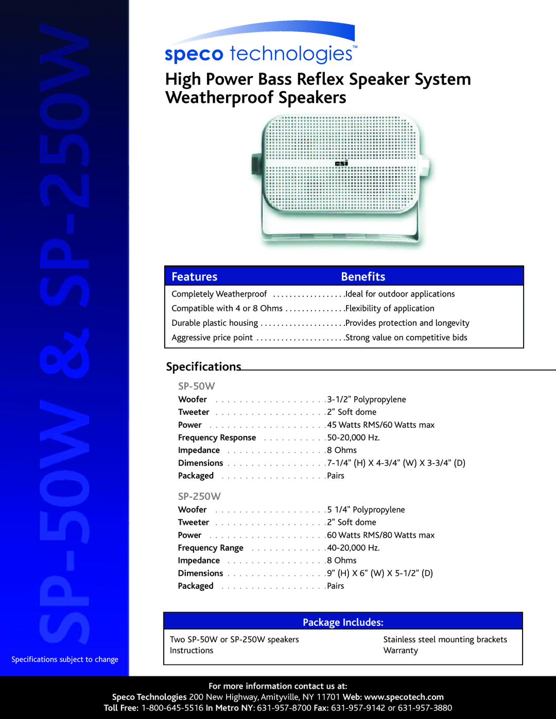 Speco Technologies SP-250W specifications High Power Bass Reflex Speaker System Weatherproof Speakers, Features Benefits 