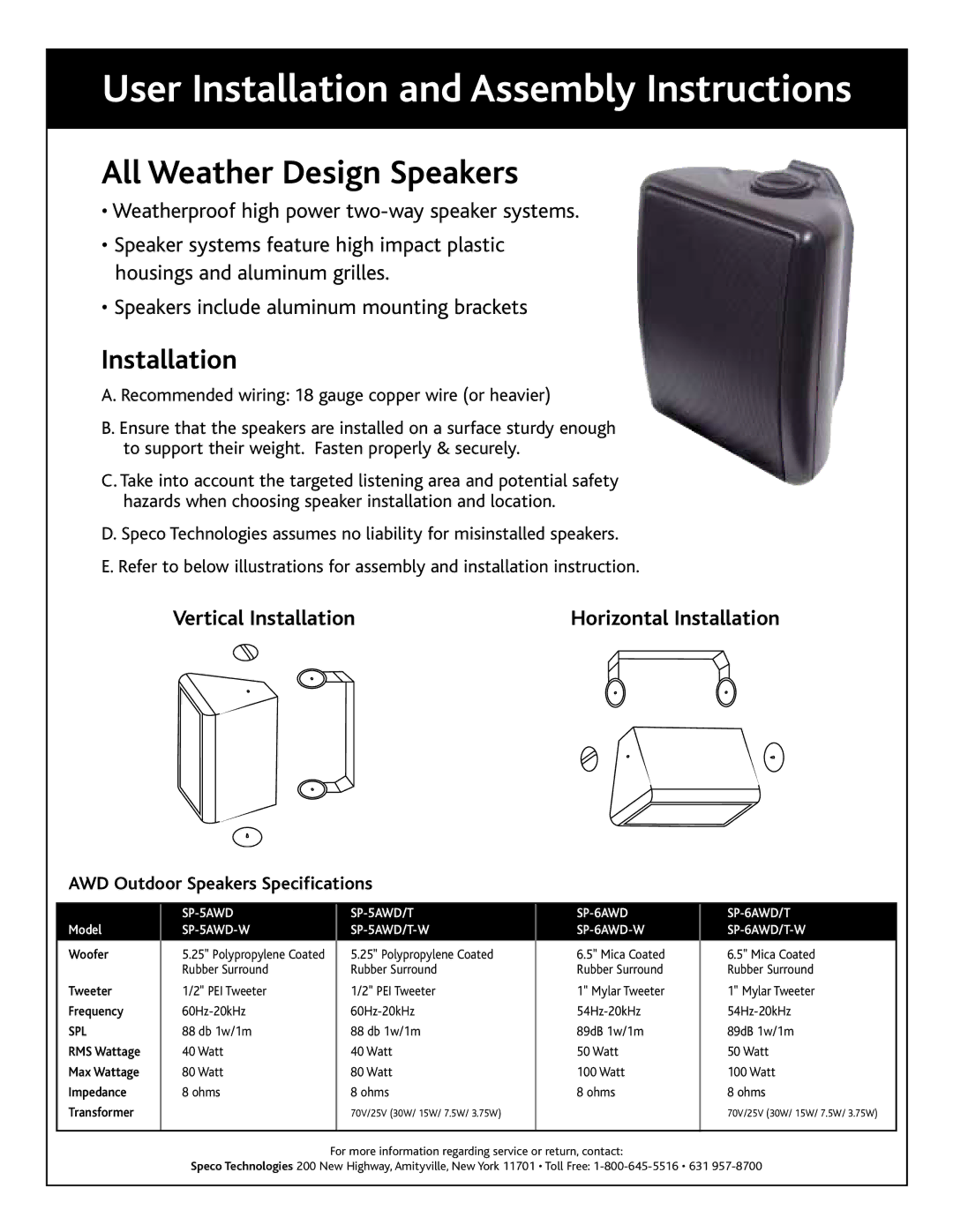 Speco Technologies SP-5AWD specifications User Installation and Assembly Instructions, All Weather Design Speakers 