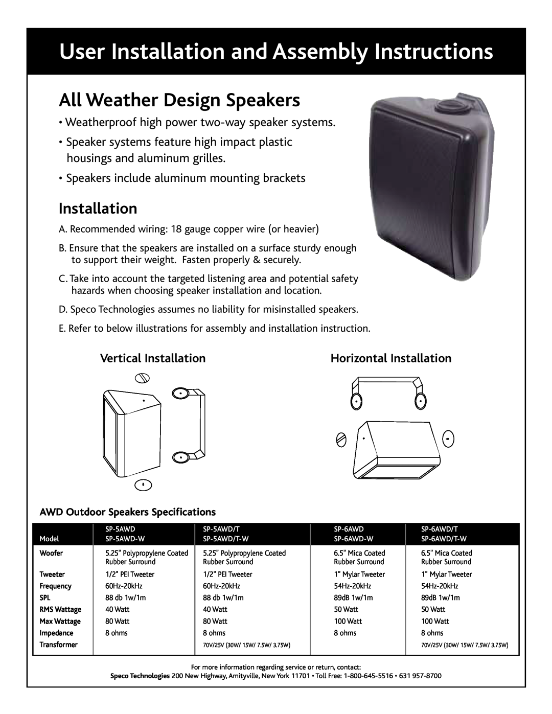 Speco Technologies SP-5AWD specifications User Installation and Assembly Instructions, All Weather Design Speakers, Model 