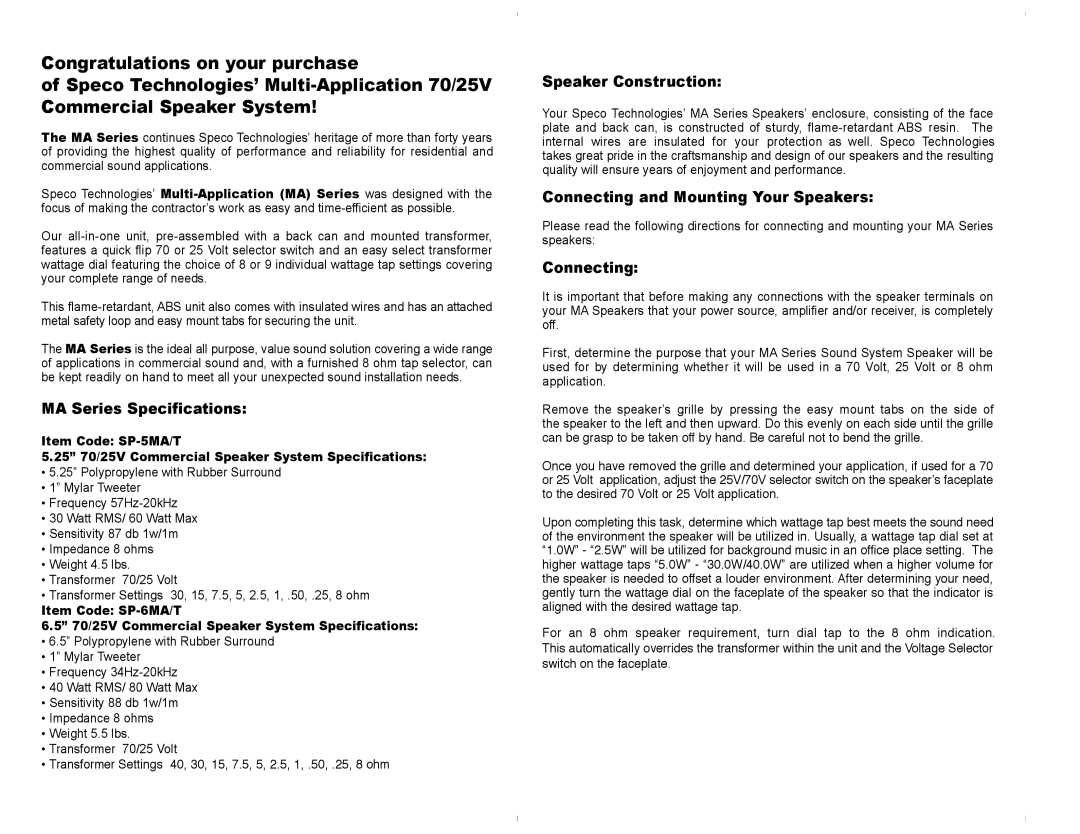 Speco Technologies SP-5MT, SP-6MT MA Series Specifications, Speaker Construction, Connecting and Mounting Your Speakers 