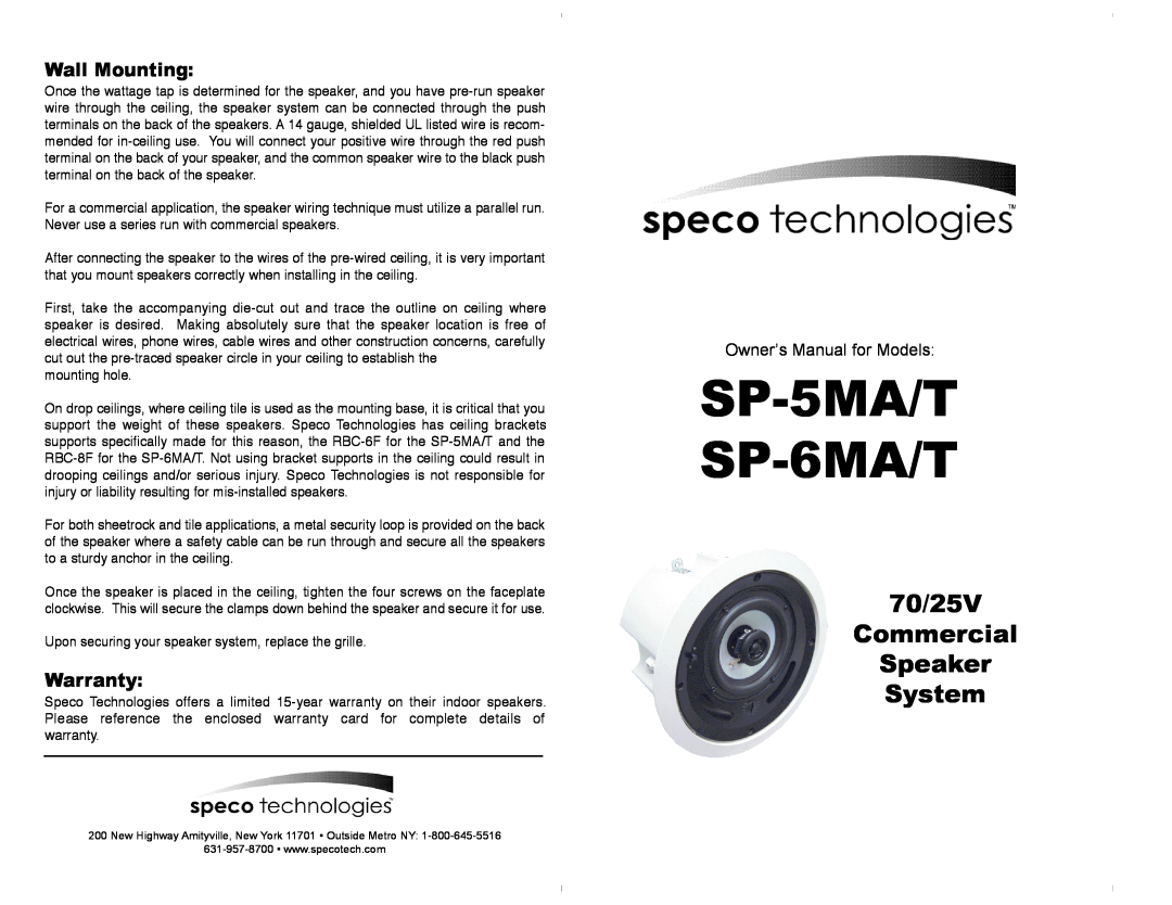 Speco Technologies SP-6MT owner manual Wall Mounting, Warranty, SP-5MA/T SP-6MA/T, 70/25V Commercial Speaker System 
