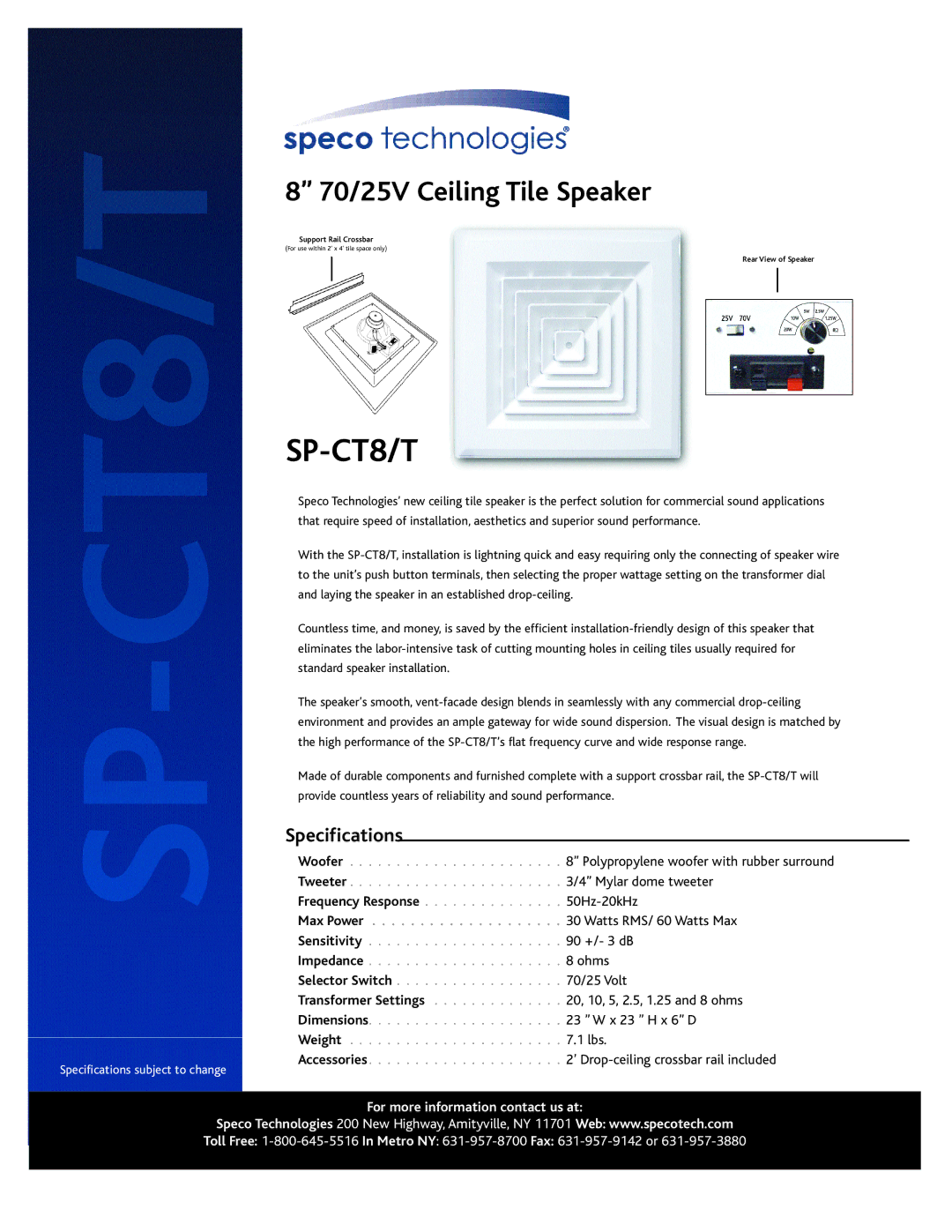 Speco Technologies SP-CT8/T specifications Specifications, Max Power 