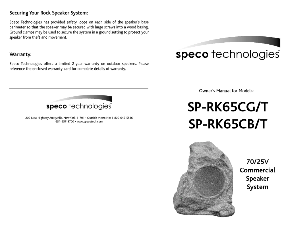 Speco Technologies owner manual SP-RK65CG/T SP-RK65CB/T, 70/25V Commercial Speaker System, Warranty 