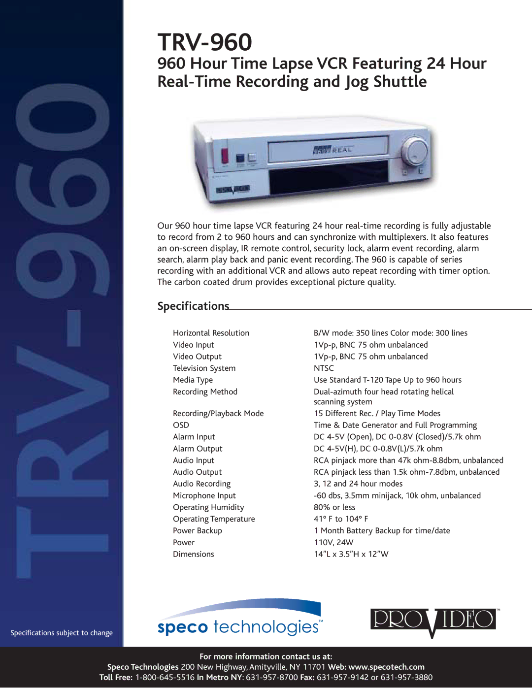 Speco Technologies TRV-960 specifications Specifications, Ntsc, Osd 