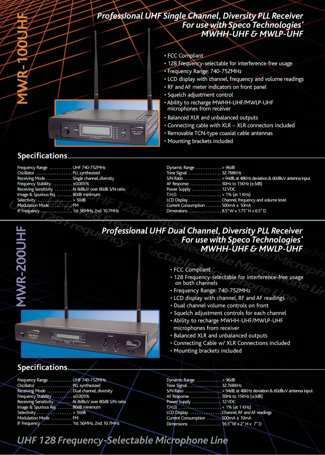 Speco Technologies UHF 128 manual MWR-100UHF, Specifications 