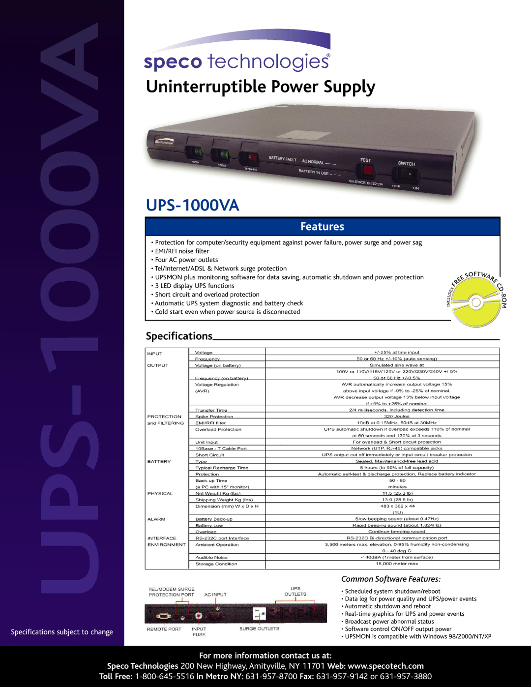 Speco Technologies UPS-1000VA specifications Uninterruptible Power Supply, Features, Specifications 