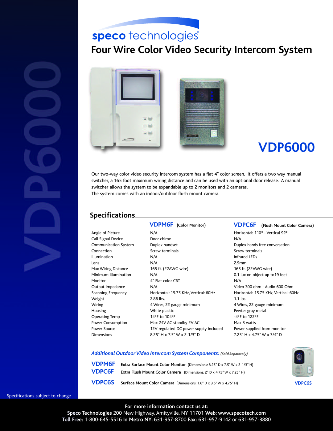 Speco Technologies VDP6000 specifications FourWire Color Video Security Intercom System, Specifications 