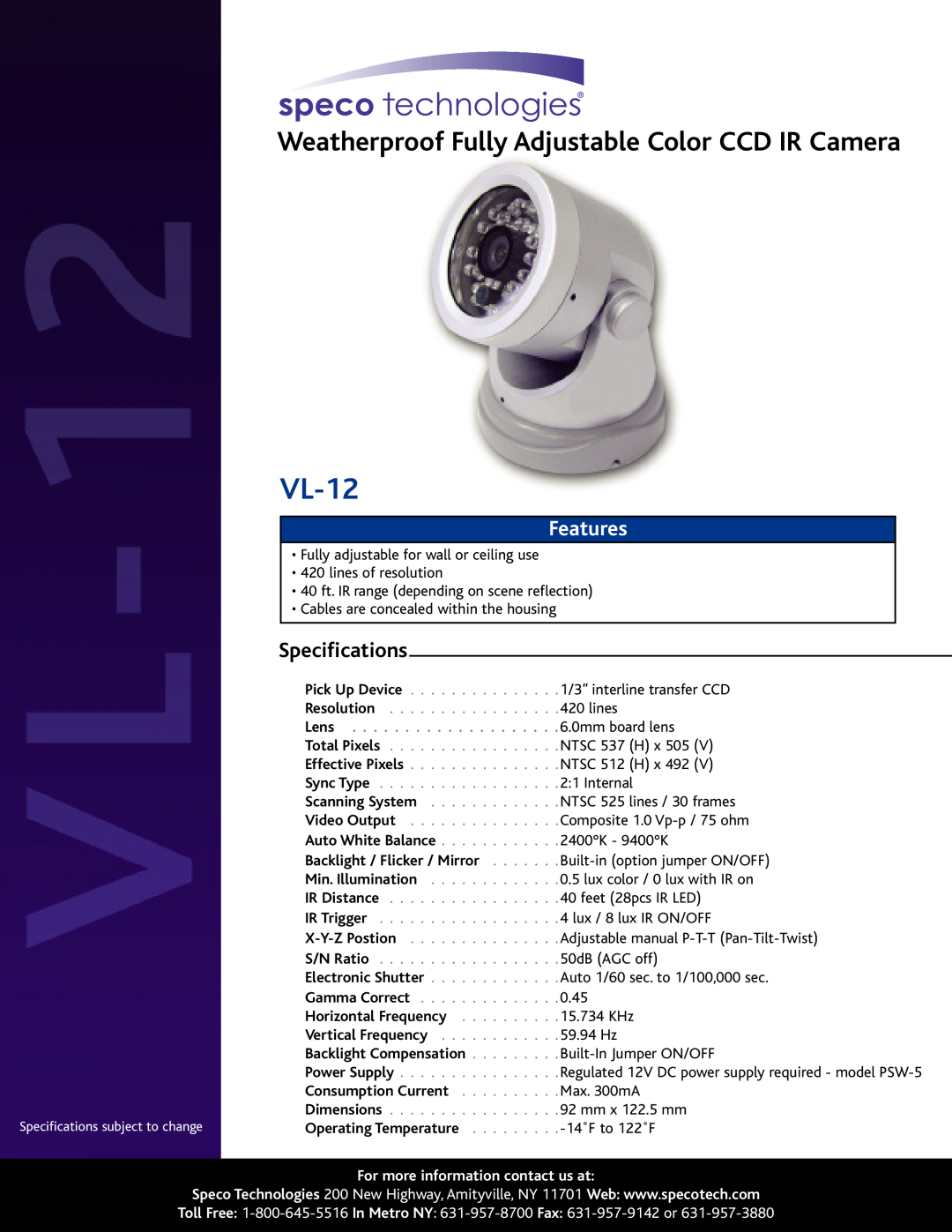 Speco Technologies VL-12 specifications Weatherproof Fully Adjustable Color CCD IR Camera, Features, Specifications, Lens 