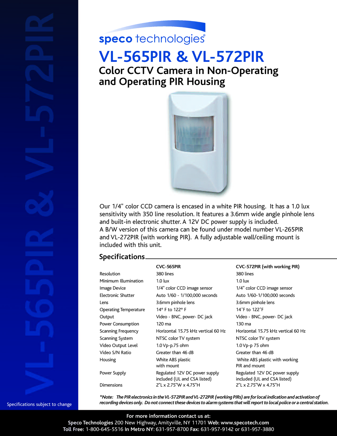 Speco Technologies specifications VL-565PIR & VL-572PIR, CVC-565PIR, Specifications subject to change 