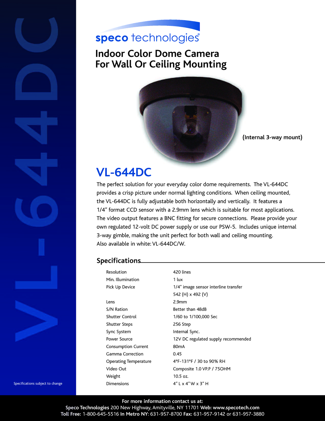 Speco Technologies VL-6444DC specifications VL-644DC, Specifications 