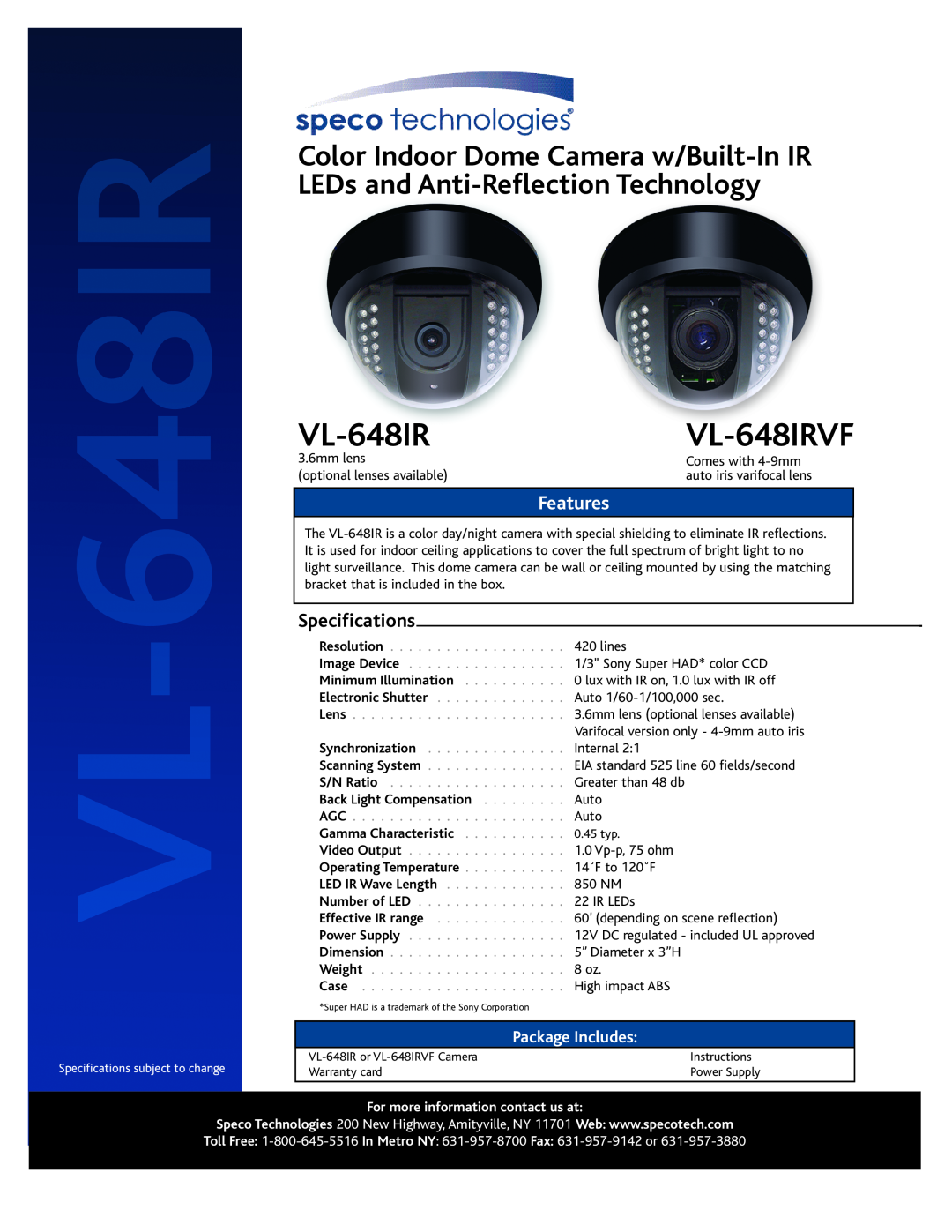 Speco Technologies VL-648IRVF specifications Features, Specifications, Package Includes, Resolution Image Device 