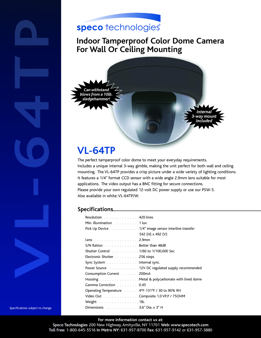 Speco Technologies VL-64TP specifications Specifications 