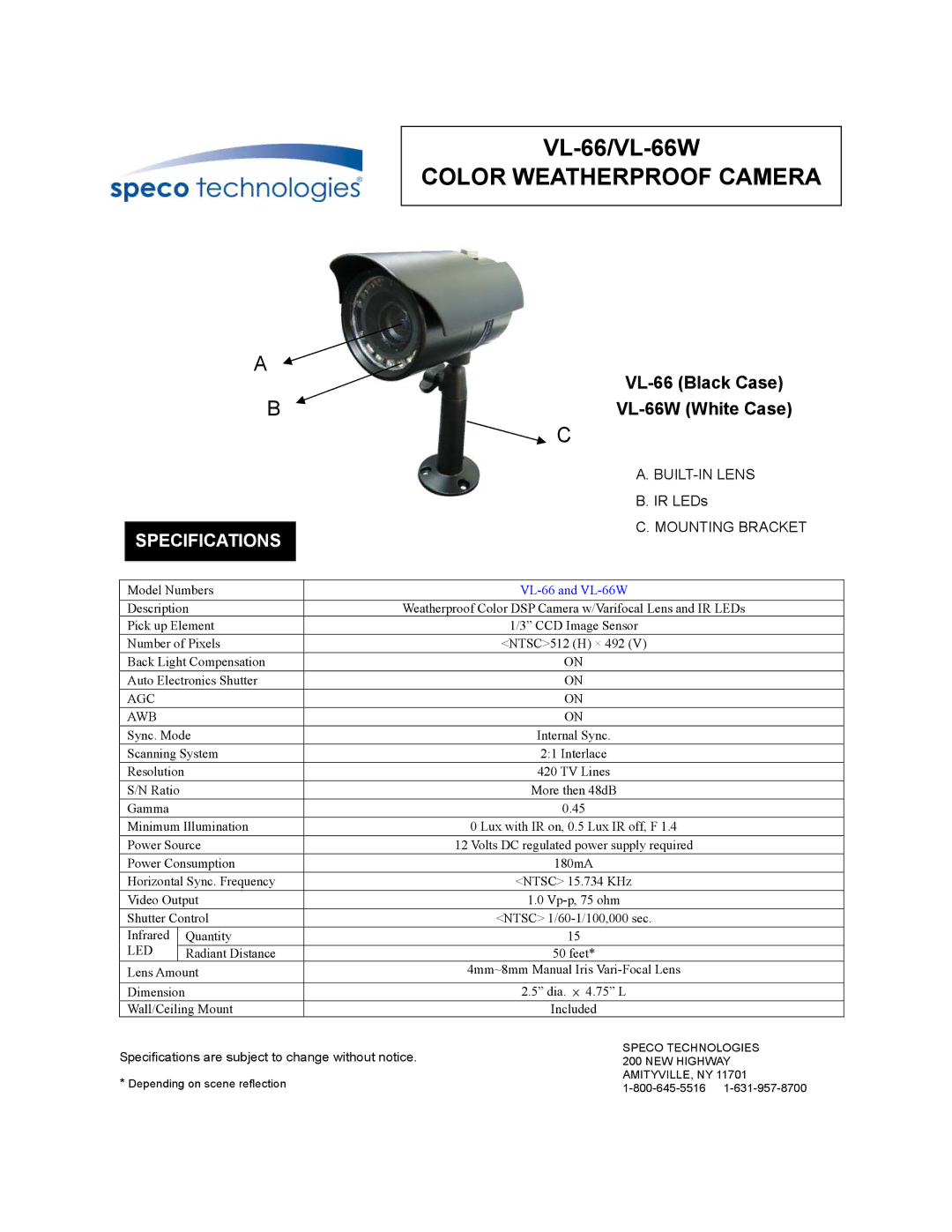 Speco Technologies VL-66W specifications Color Weatherproof Camera, Specifications, Agc Awb, Led 