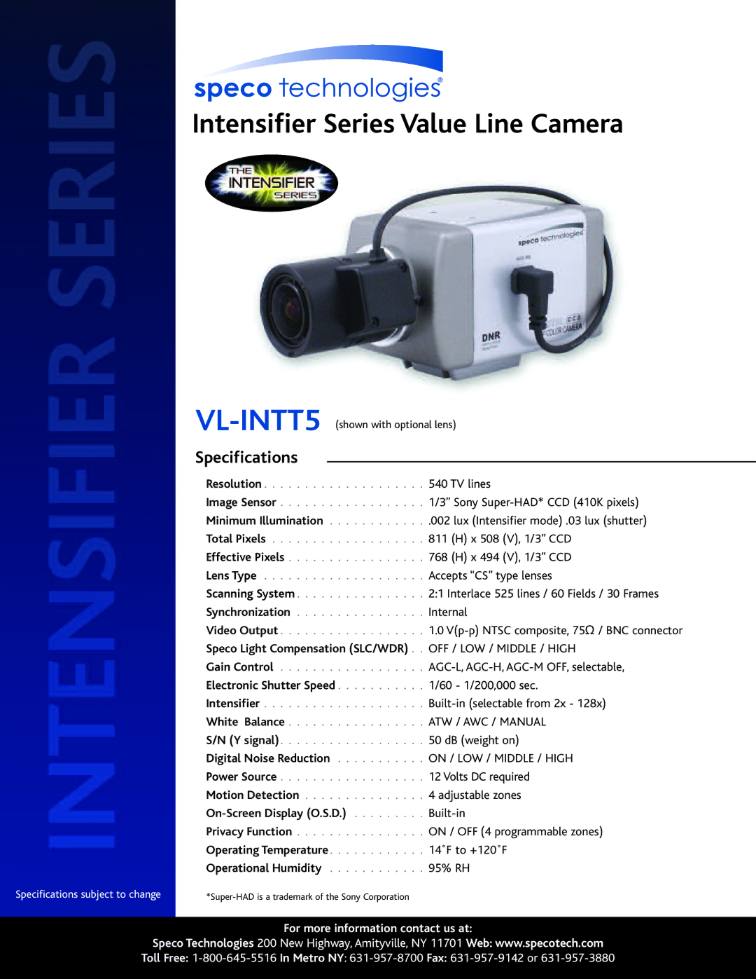 Speco Technologies VL-INTT5 specifications Specifications 