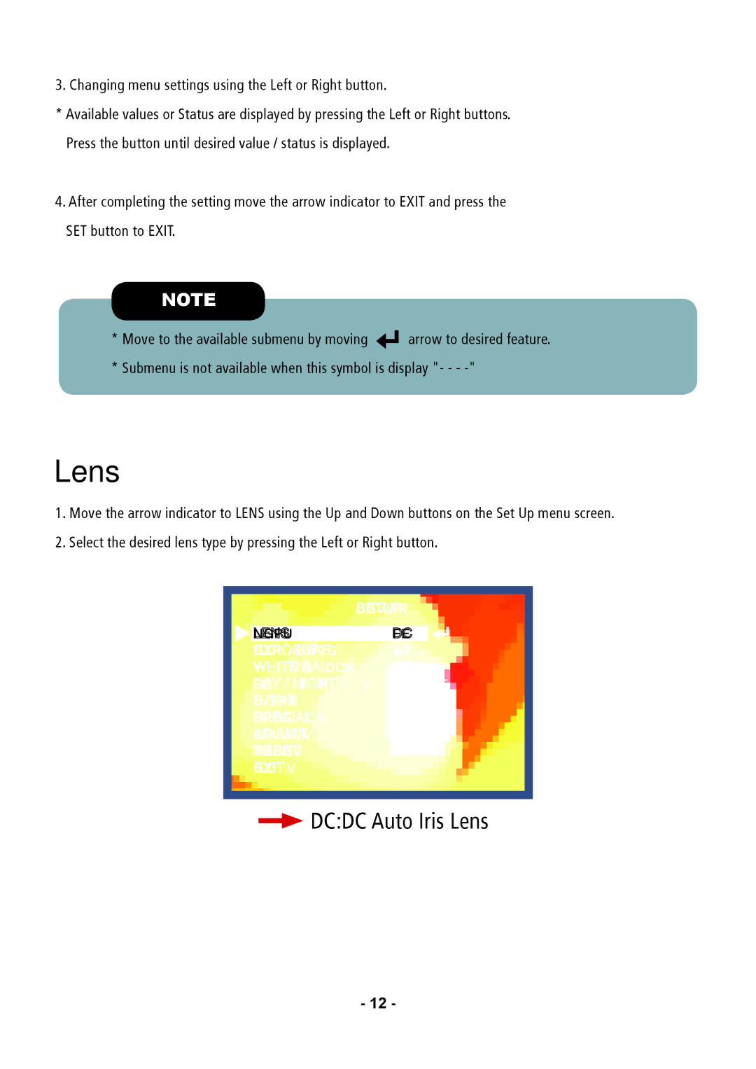 Speco Technologies VL647ILT instruction manual Lens, Changing menu settings using the Left or Right button 