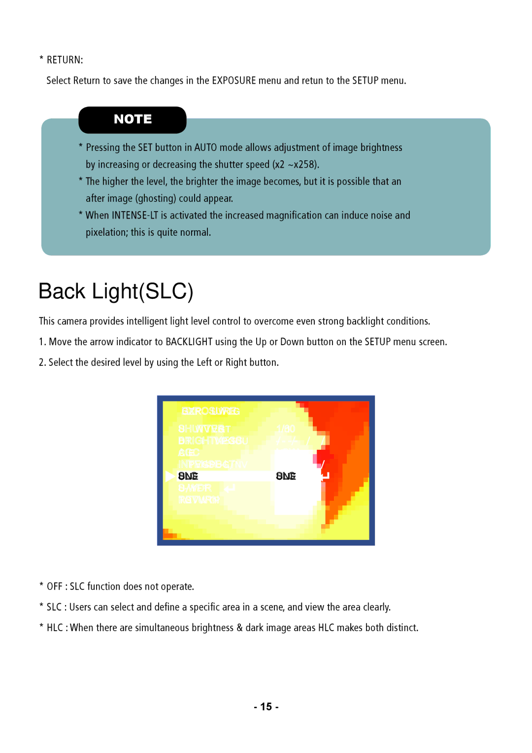 Speco Technologies VL647ILT instruction manual Back LightSLC, Return 