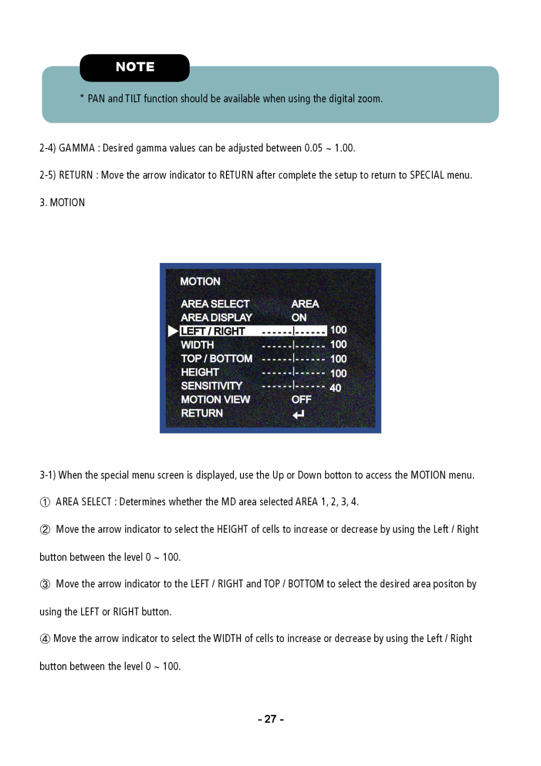 Speco Technologies VL647ILT instruction manual Motion Area Select Area Display Left / Right 