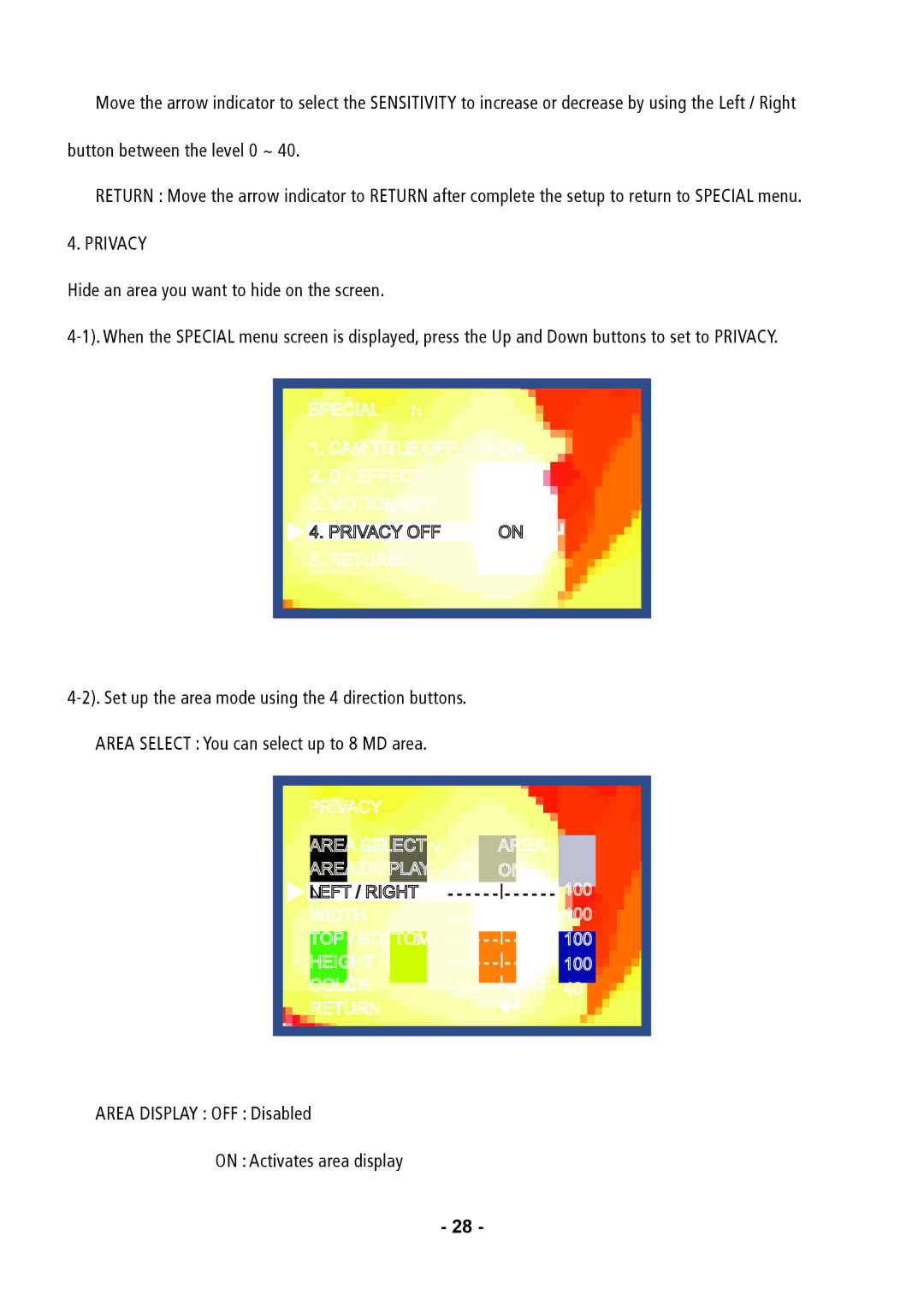 Speco Technologies VL647ILT instruction manual ② Area Display OFF Disabled On Activates area display 