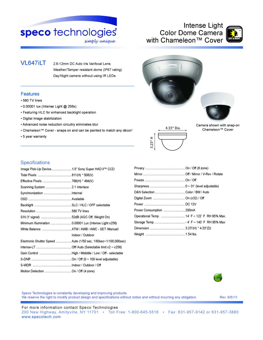 Speco Technologies VL647ILT warranty Intense Light, Color Dome Camera MP with Chameleon Cover, Features, Specifications 