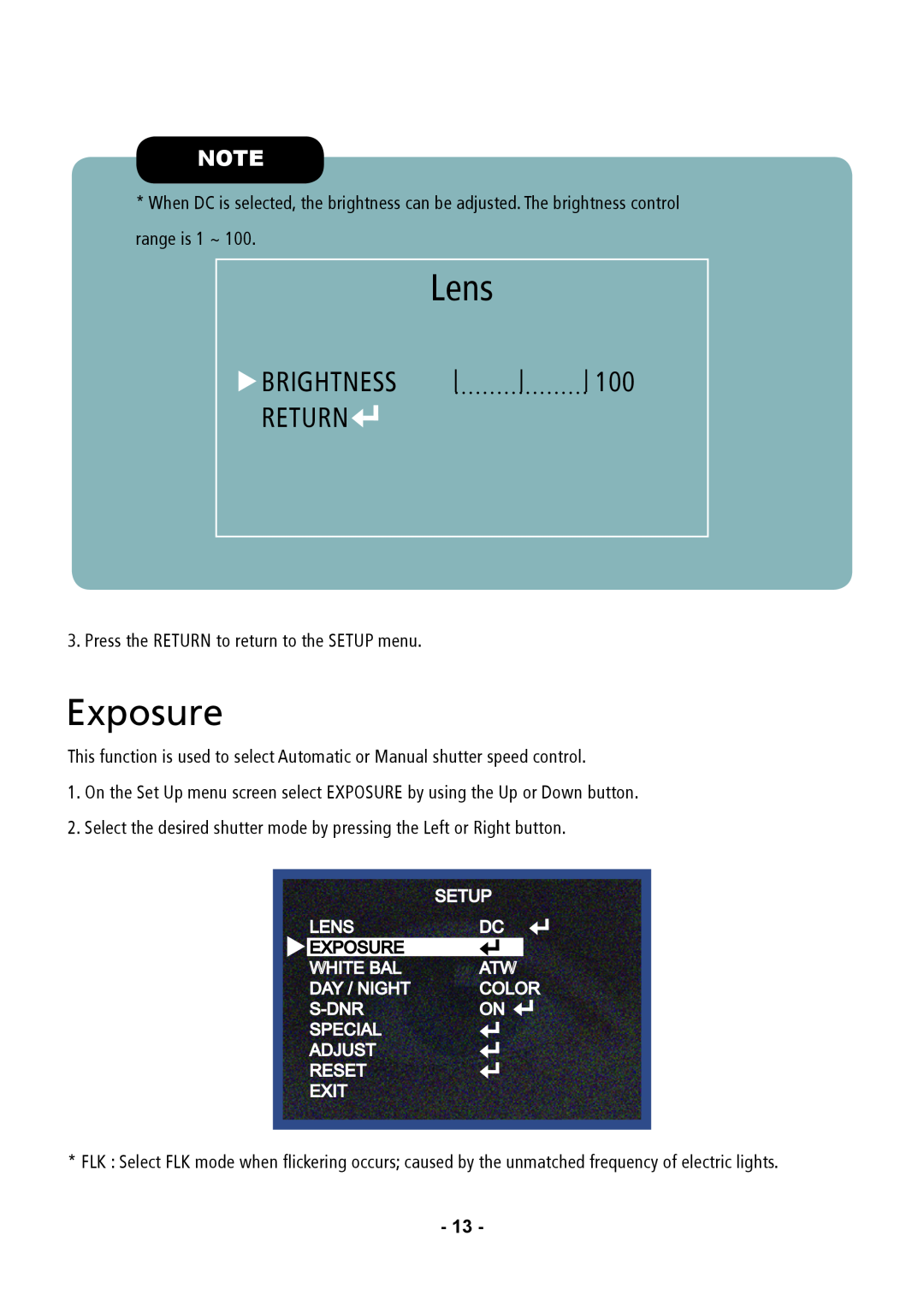 Speco Technologies VL647ILT instruction manual Exposure, Brightness Return, Lens 