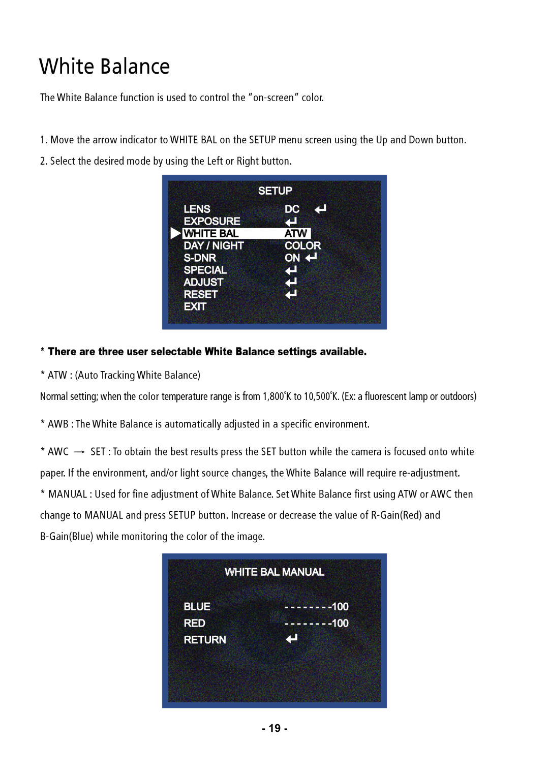 Speco Technologies VL647ILT instruction manual White Balance 