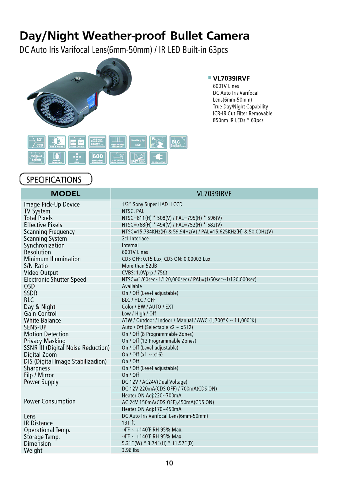 Speco Technologies VL7038IRVF, VL7039IRVF instruction manual DC Auto Iris Varifocal Lens6mm-50mm / IR LED Built-in 63pcs 