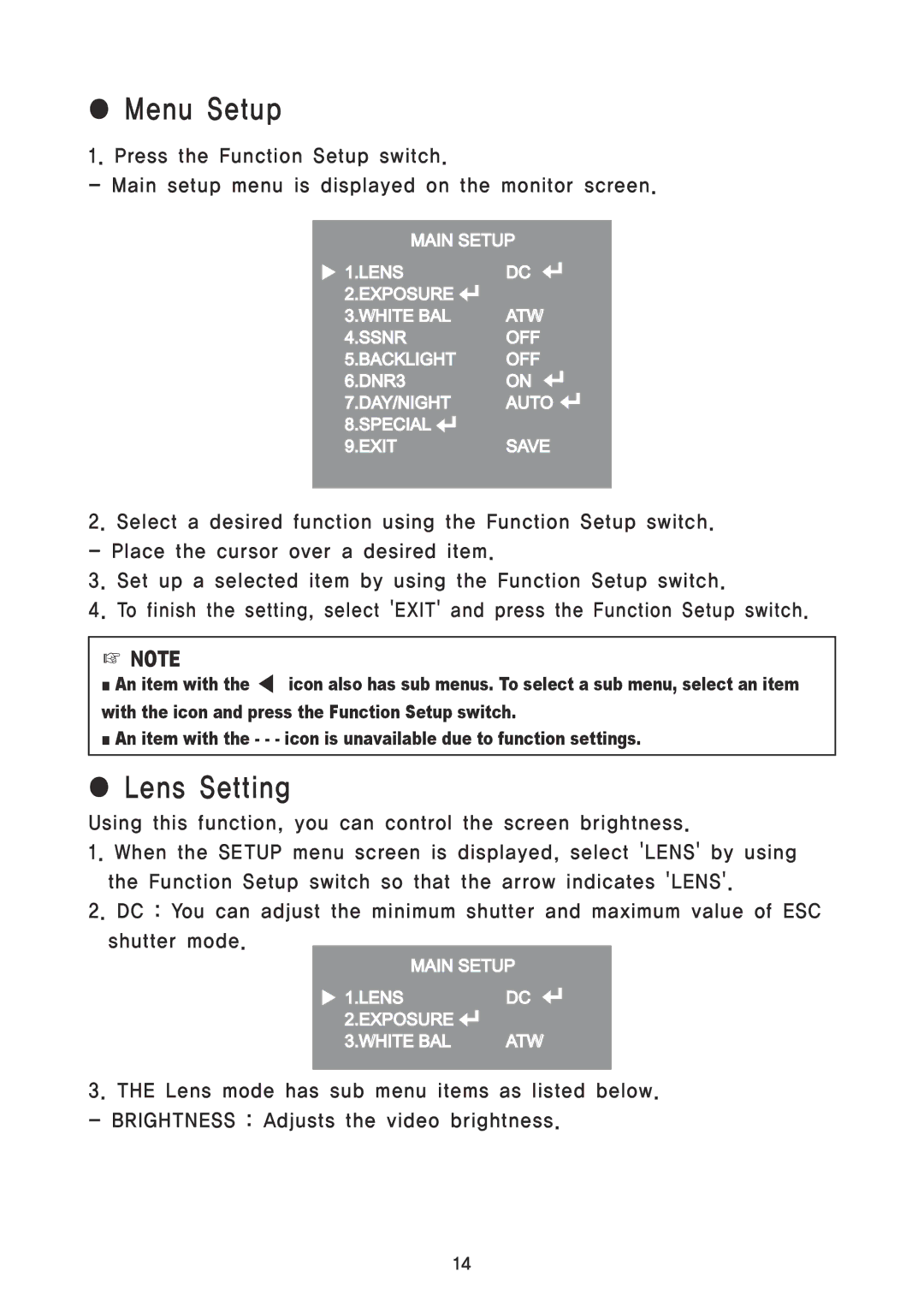 Speco Technologies VL7038IRVF, VL7039IRVF instruction manual Menu Setup, Lens Setting 