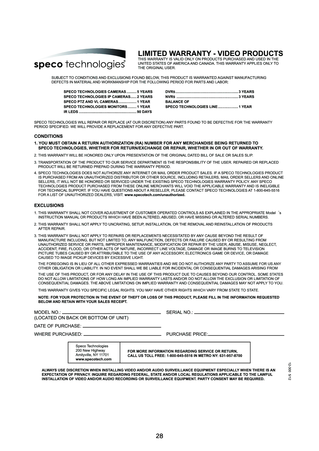 Speco Technologies VL7038IRVF, VL7039IRVF instruction manual 