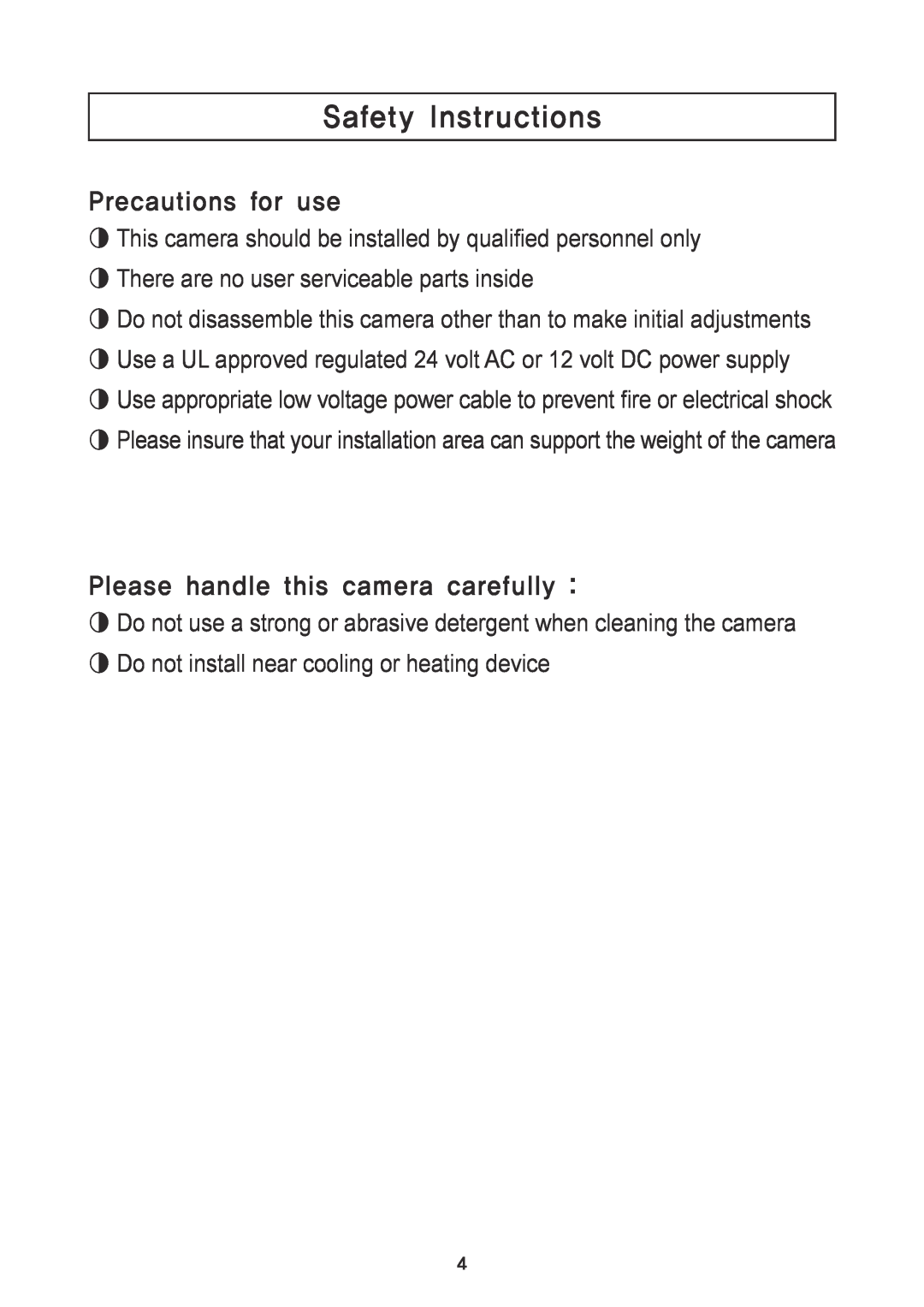 Speco Technologies VL7038IRVF, VL7039IRVF Safety Instructions, Precautions for use, Please handle this camera carefully 