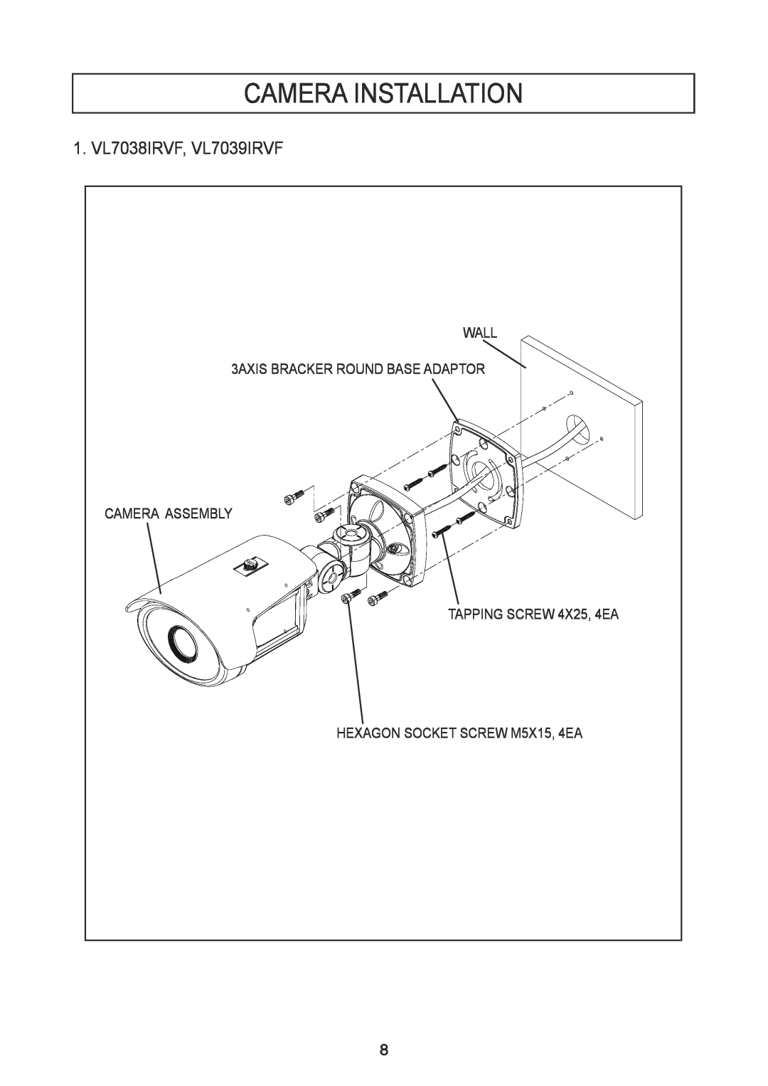 Speco Technologies instruction manual Camera Installation, 1. VL7038IRVF, VL7039IRVF 