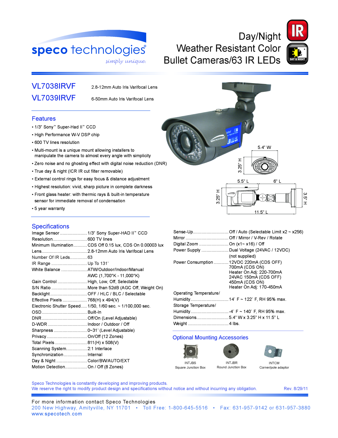 Speco Technologies VL7038IRVF dimensions Day/Night, Weather Resistant Color, Bullet Cameras/63 IR LEDs, Features, IR Range 