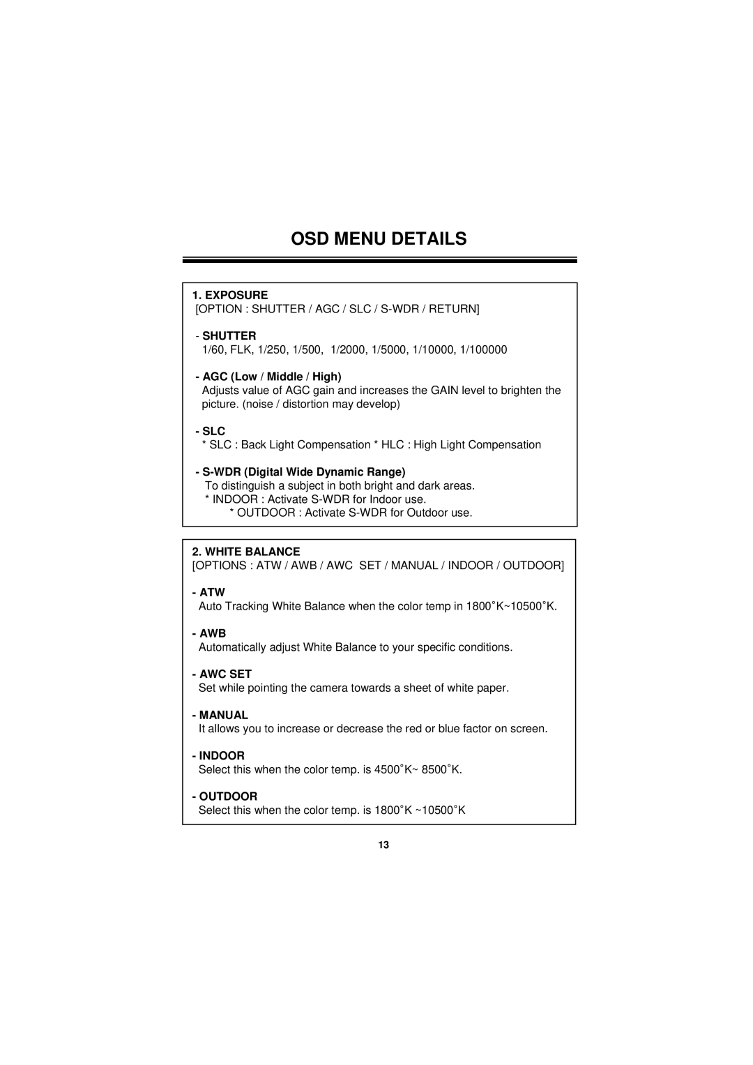 Speco Technologies VLB11SCSFF manual OSD Menu Details, Shutter 