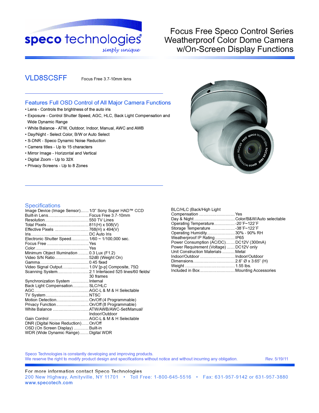 Speco Technologies VLD8SCSFF dimensions Features Full OSD Control of All Major Camera Functions, Specifications 