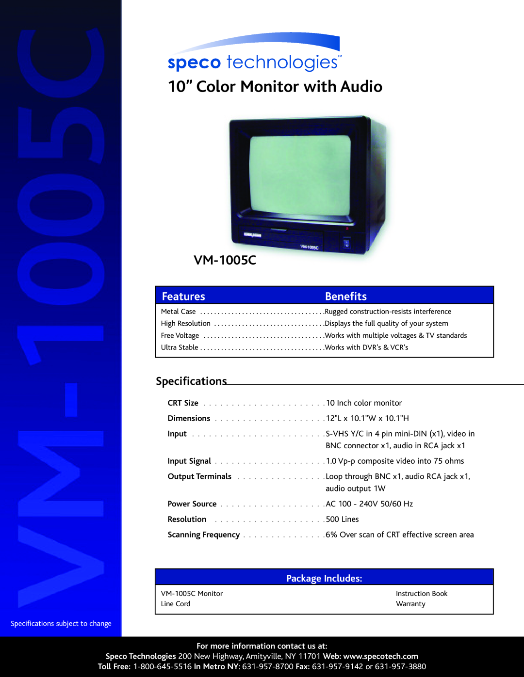 Speco Technologies VM-1005C specifications 10” Color Monitor with Audio, Features, Benefits, Package Includes, CRT Size 