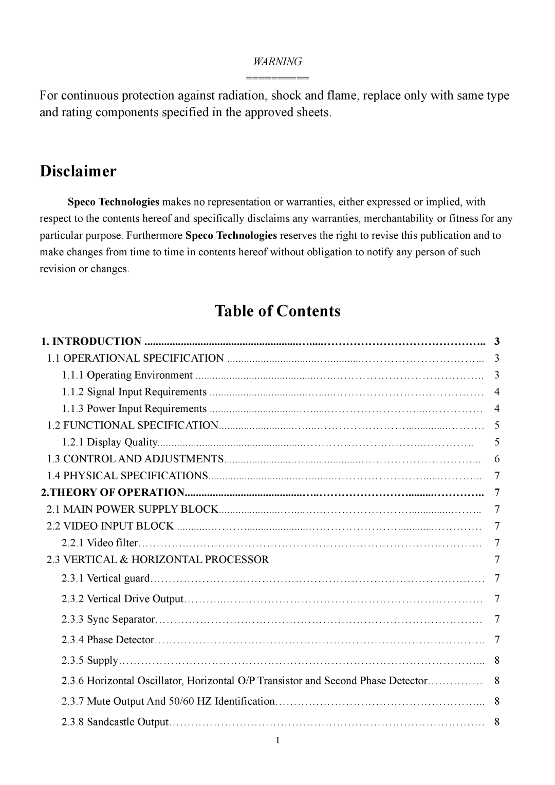 Speco Technologies VM-1201 service manual Disclaimer 