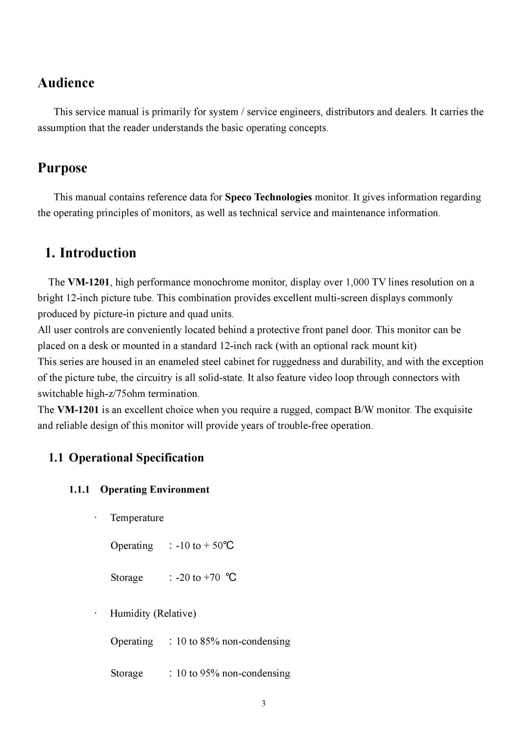 Speco Technologies VM-1201 service manual Operational Specification, Operating Environment 