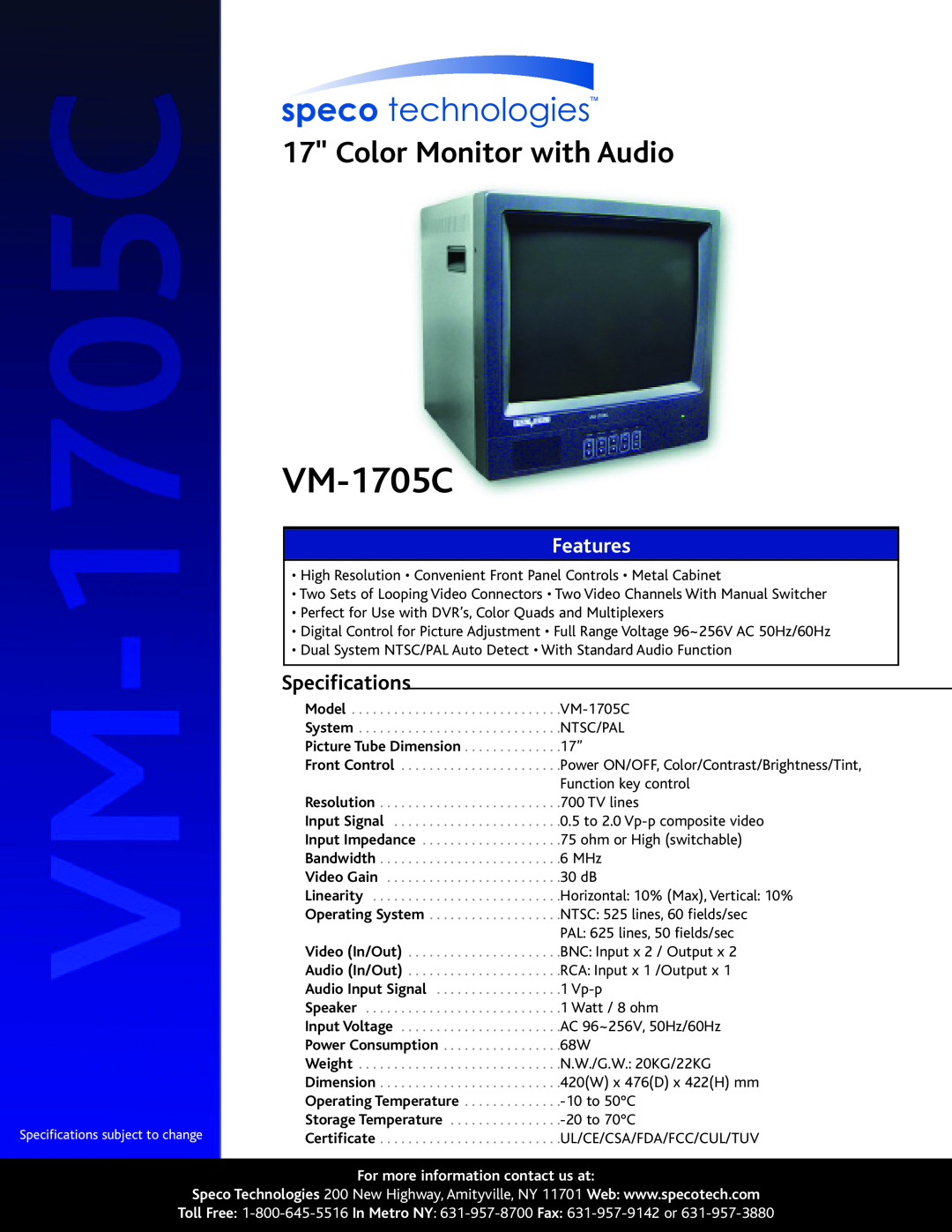 Speco Technologies VM-1705C specifications Color Monitor with Audio, Features, Specifications 