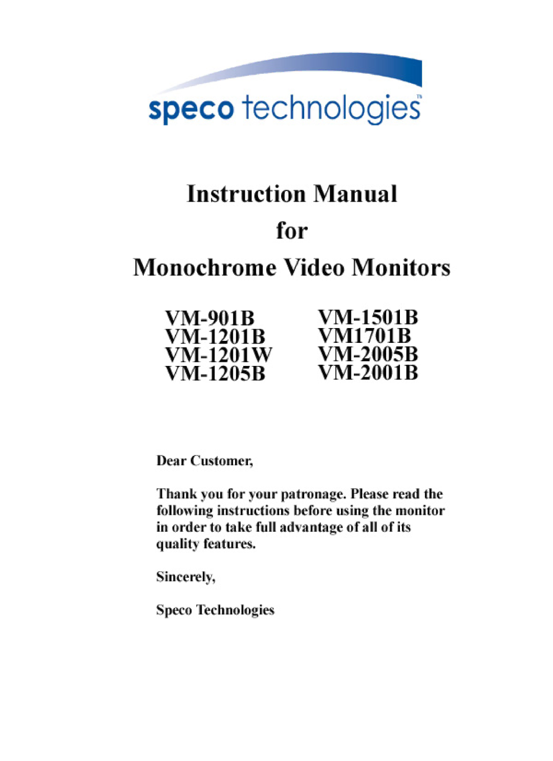 Speco Technologies VM-2001B, VM-2005B, VM-901B, VM-1205B, VM-1201W, VM1701B, VM-1501B manual 