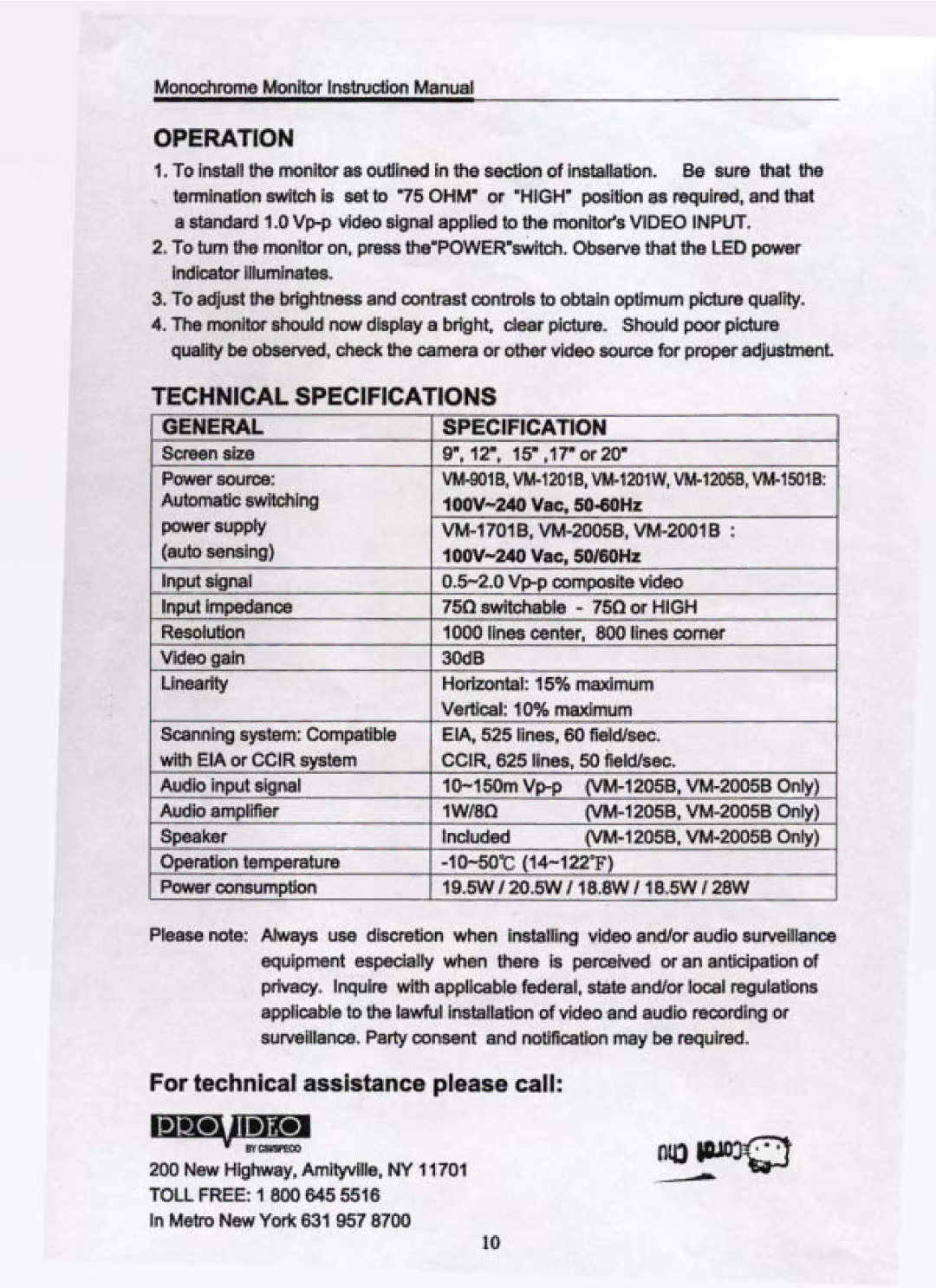 Speco Technologies VM-1201W, VM-2005B, VM-2001B, VM-901B, VM-1205B, VM1701B, VM-1501B manual 