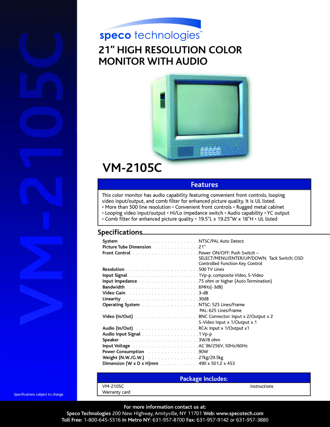 Speco Technologies VM-2105C specifications Features, Specifications, Package Includes 