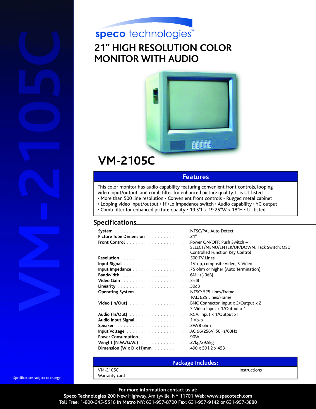 Speco Technologies VM-2105C specifications 21” HIGH RESOLUTION COLOR MONITOR WITH AUDIO, Features, Specifications 