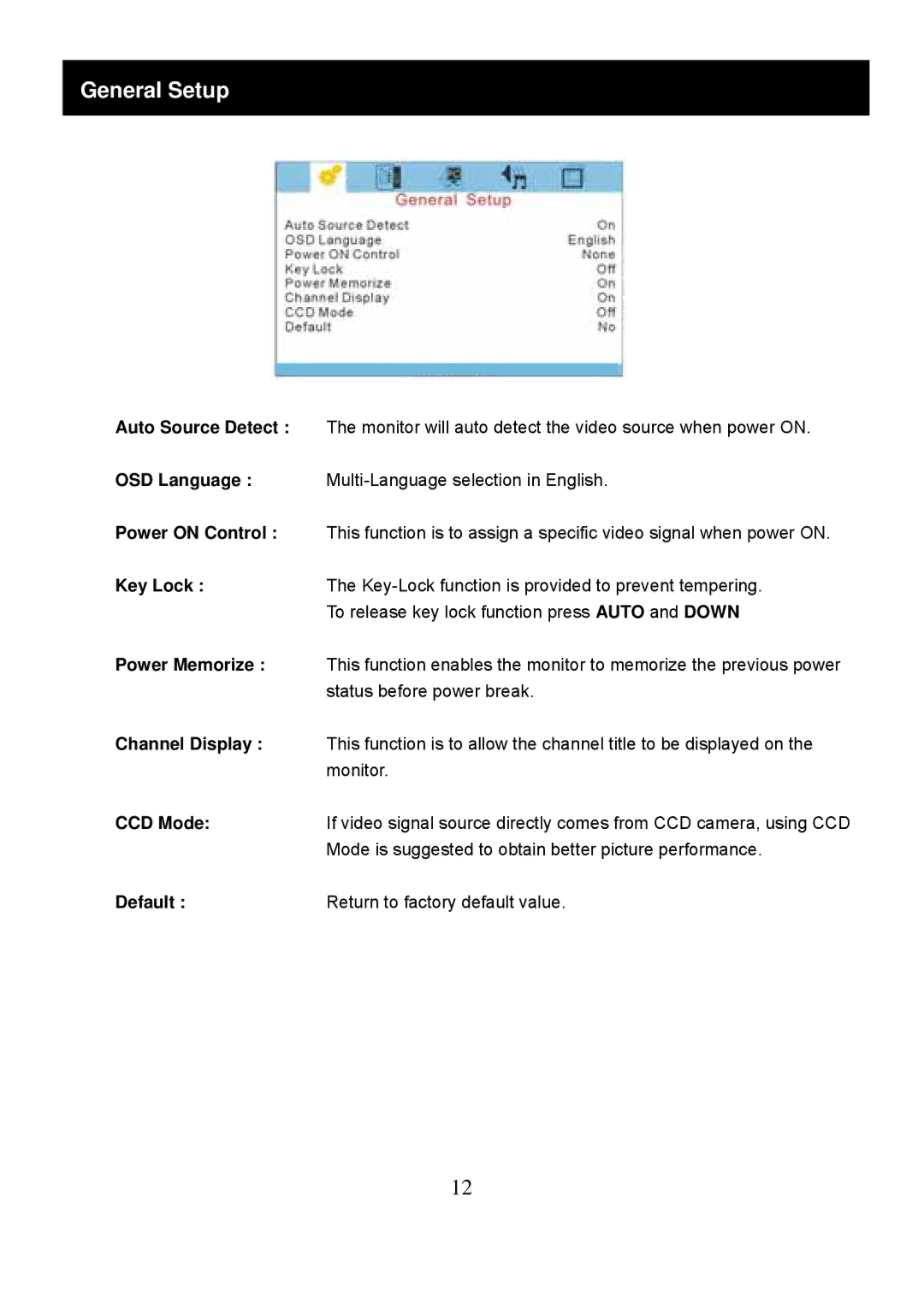 Speco Technologies VM-HT19LCD user manual General Setup, Default 