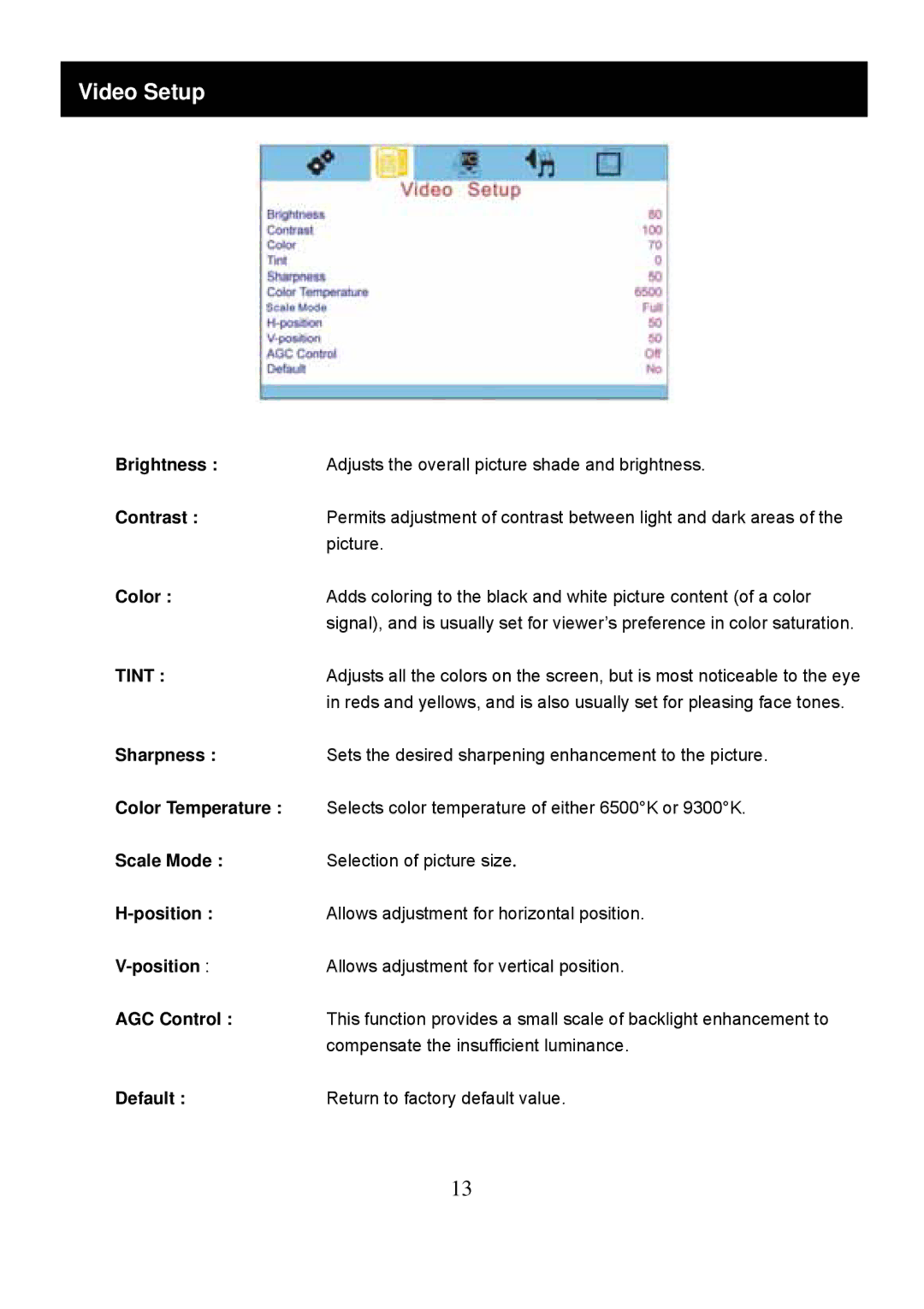 Speco Technologies VM-HT19LCD user manual Video Setup 