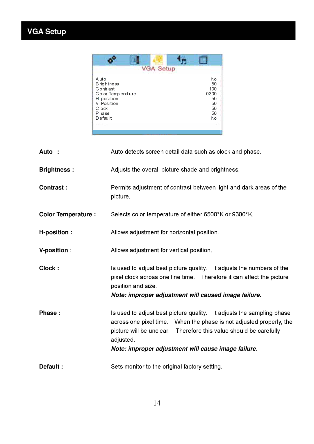 Speco Technologies VM-HT19LCD user manual VGA Setup, Auto, Clock, Phase 