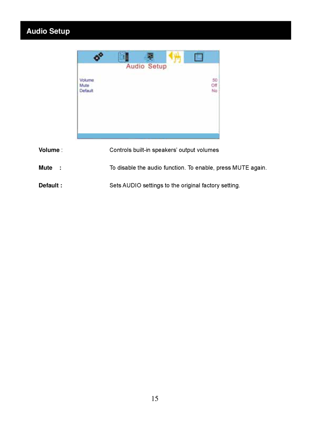 Speco Technologies VM-HT19LCD user manual Audio Setup, Volume, Mute 